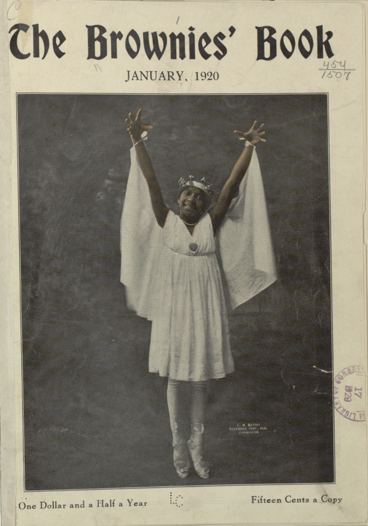 Cover of the first volume of The Brownies' Book. Photograph of a little African American girl in white costume, crown, and ballet shoes. 