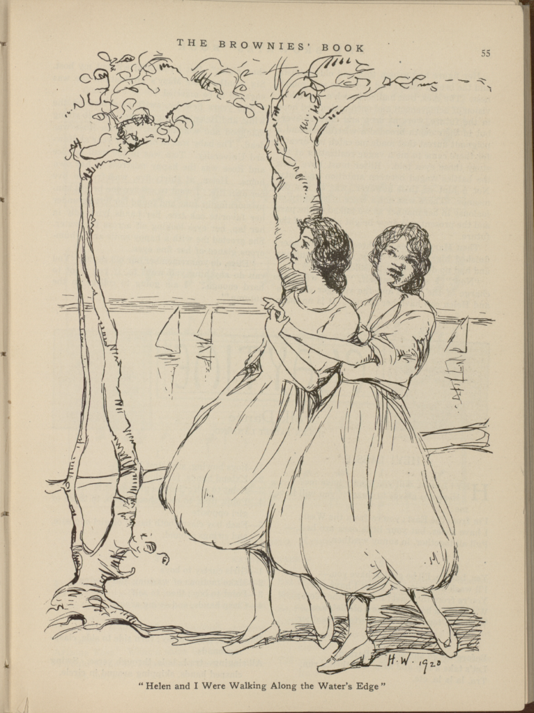 Illustration from the second edition of The Brownies' Book. Two girls walking near the water. The caption reads, "Helen and I Were Walking Along the Water's Edge." 