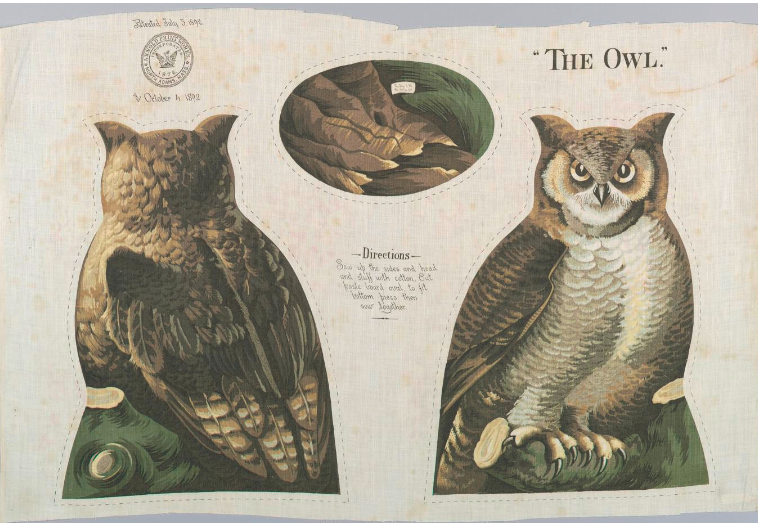 Printed panel, entitled "The Owl" with front, back and bottom views of a perched owl in shades of brown, green and yellow, meant to be cut and sewn into a stuffed toy. Sewing instructions are printed in the center. "Arnold Print Works, North Adams, MA" is printed on the upper left corner.