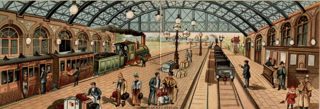 A color illustration showing the interior of a railroad station. Trains, baggage, and people can be seen on the platform.