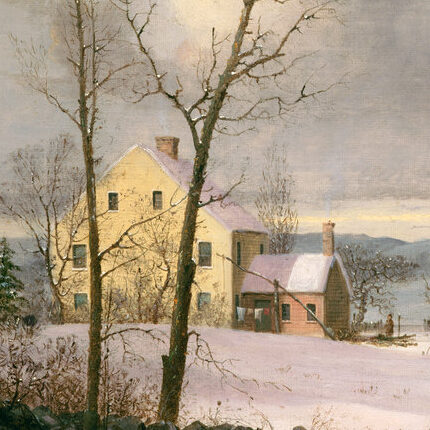 Painting of a house covered in snow with trees in the foreground.