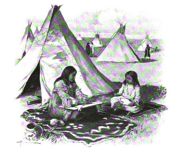 Two Native females, one a mother and the other, her daughter, sit on blankets outside of their tepee. 