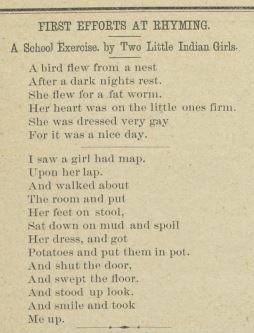 Yellowed newspaper image of the text prepared below. Above the text reads "A School Exercise by Two Little Indian Girls."