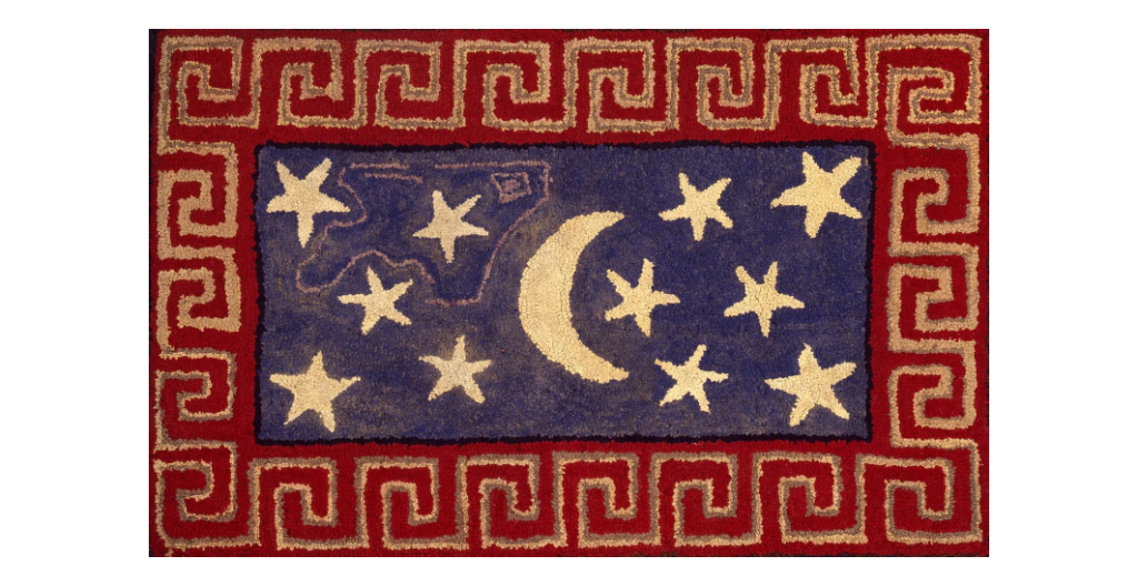 Image of hooked rug with beige and red border and the inside with a white crescent moon and eleven stars.