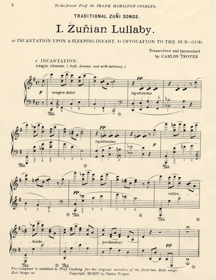 Image is of the original musical accompaniment by Carlos Troyer to "Zunian Lullaby."