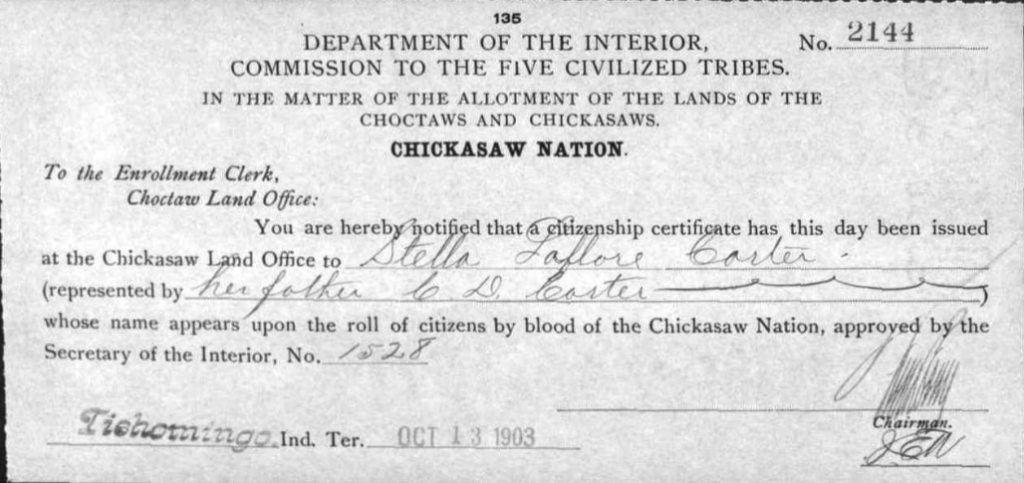 Stella LaFlore Carter Chickasaw citizenship application